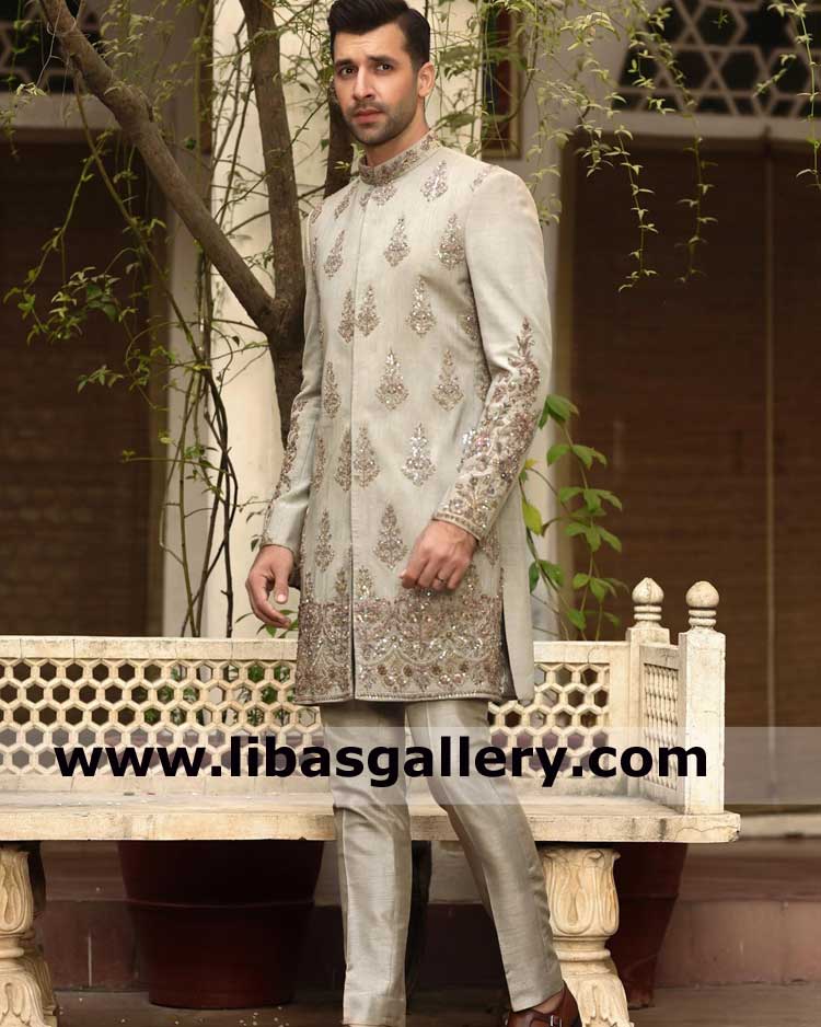 Gray classic short length Men hand crafted wedding jacket