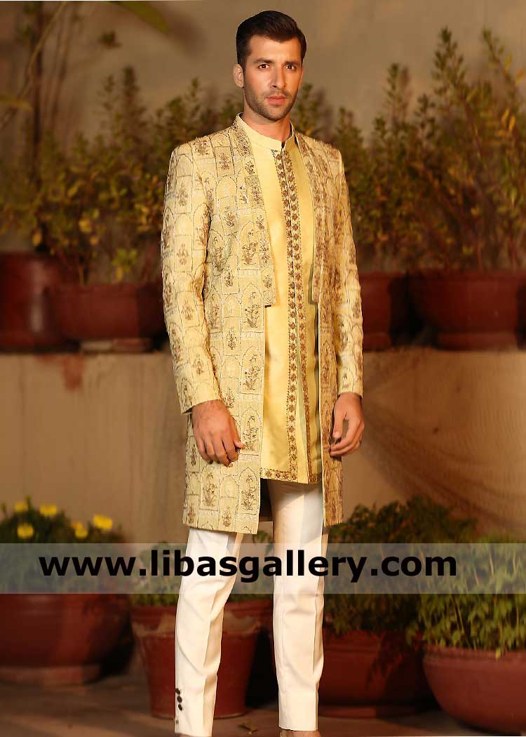 Men Pistachio Green Front Open Sherwani with delicate embellished lapel