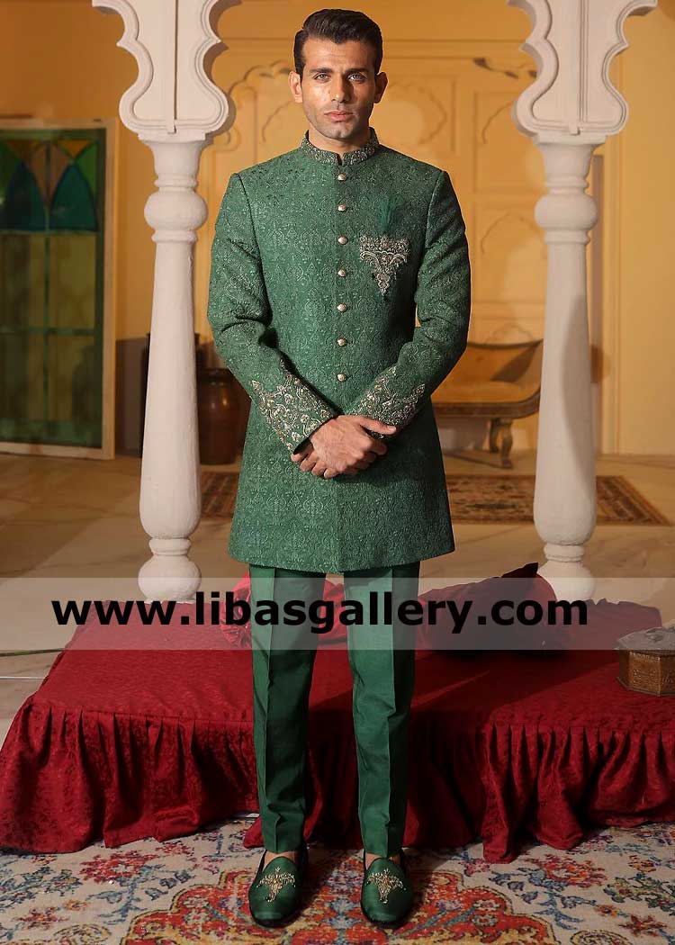Regal Emerald Green Nehru Style Jacket for Men Engagement and Walima