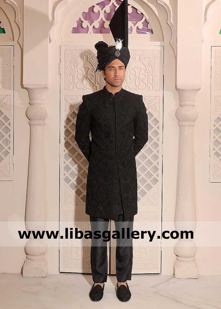Carbon Black Pakistani Men Embellished Sherwani from latest collection