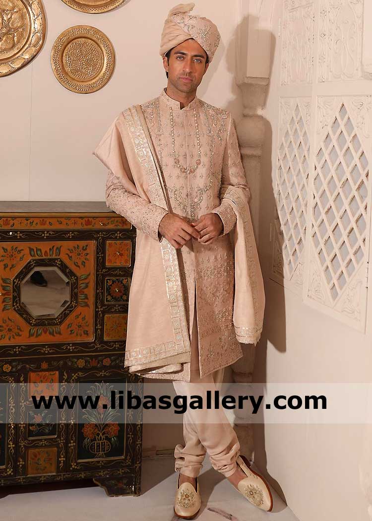 Rose Gold Maharaja Embroidered Men Wedding Sherwani Suit