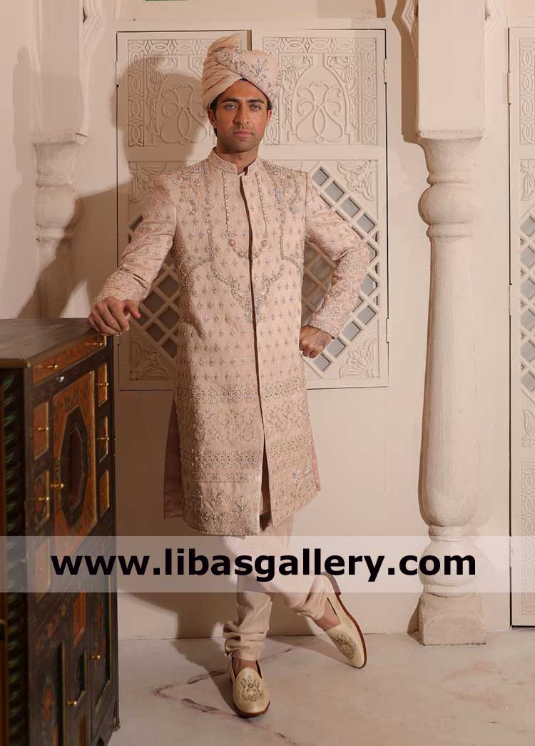 Rose Gold Maharaja Embroidered Men Wedding Sherwani Suit