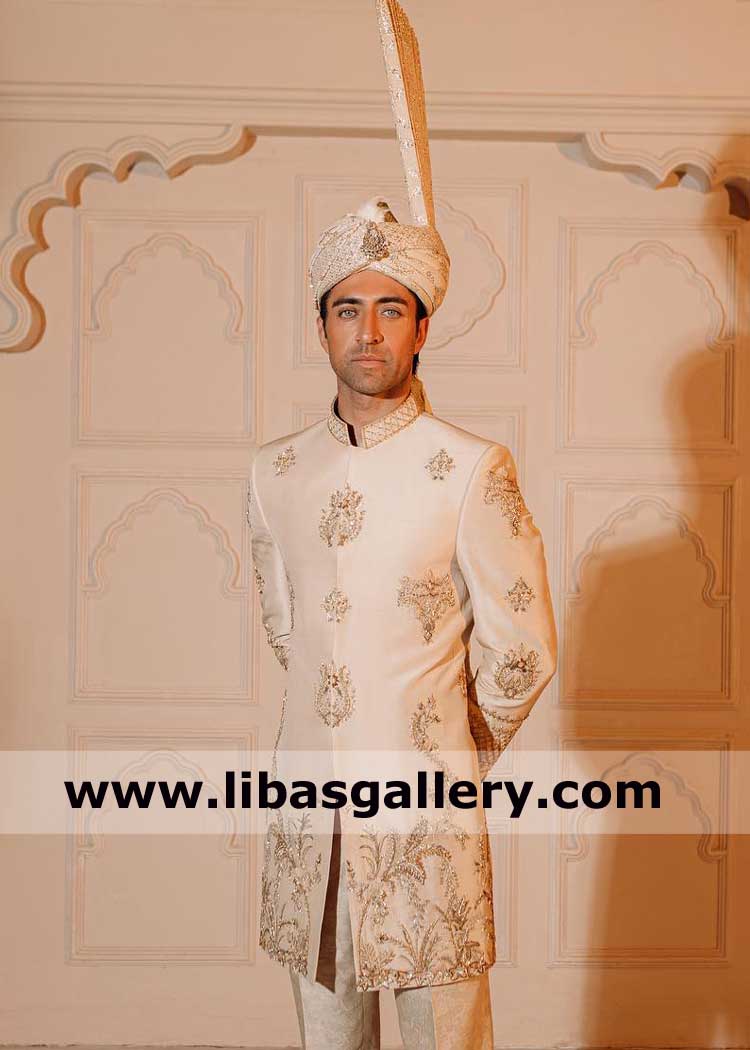 Magestic beige mid thigh length Pakistani Men Wedding Sherwani