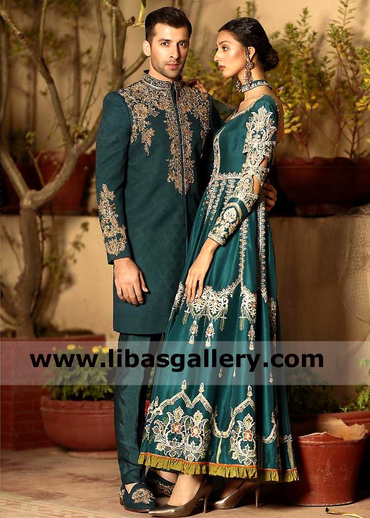 Dark Shade Wedding Attire latest collection Pakistani Men Short length Sherwani