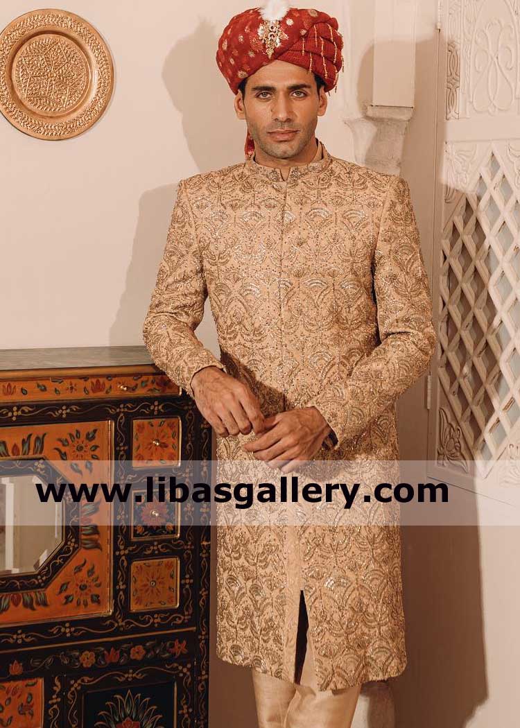 Royal Golden Beige Premium Quality Damask Embroidered Motifs Men Wedding Sherwani