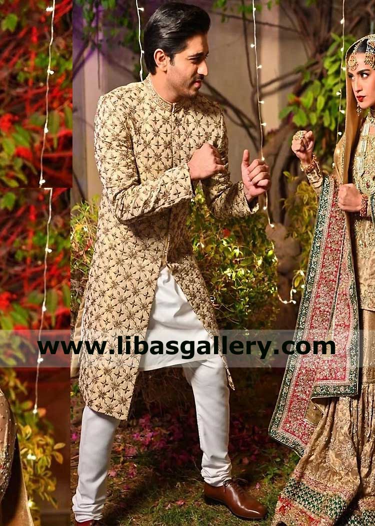 Gold Embellished Latest Men Nikah Wedding Sherwani Article