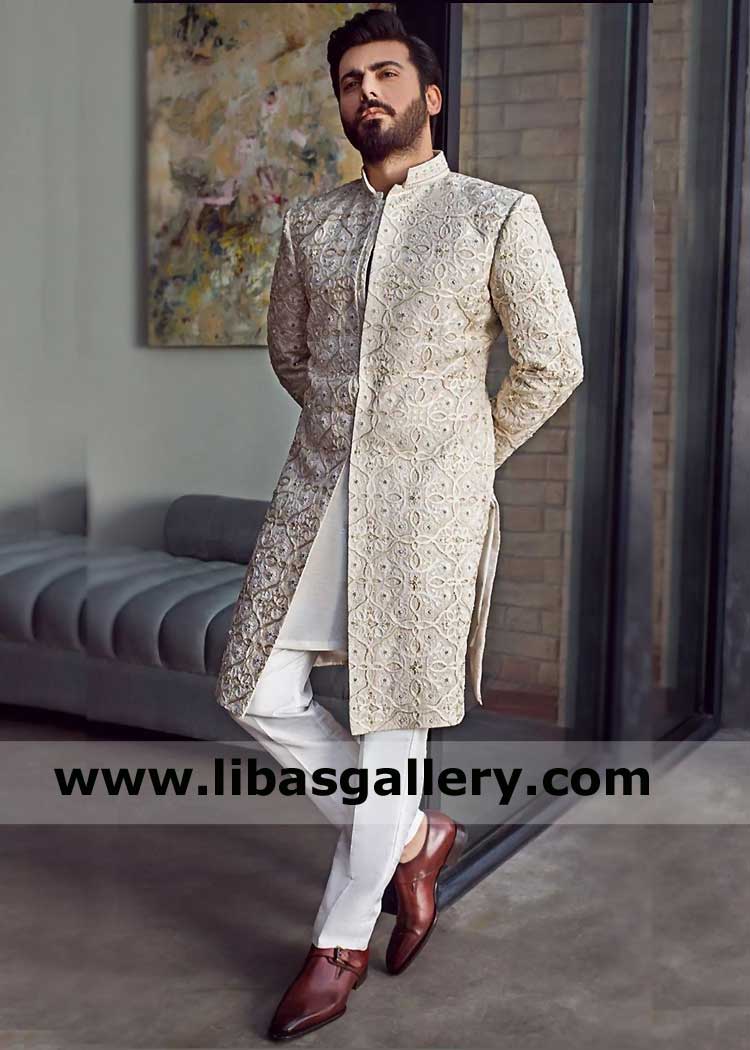Fawad Khan Standing in Comfort light weight off white embroidered Wedding Sherwani for nikah Barat and Occasion with Matching Inner London Glasgow Bristol UK