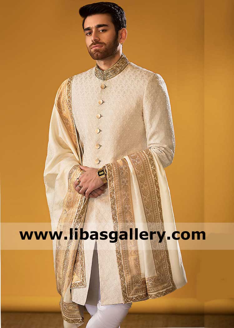 Elaborate Design Self Embroidered Men Off White Wedding Sherwani 
