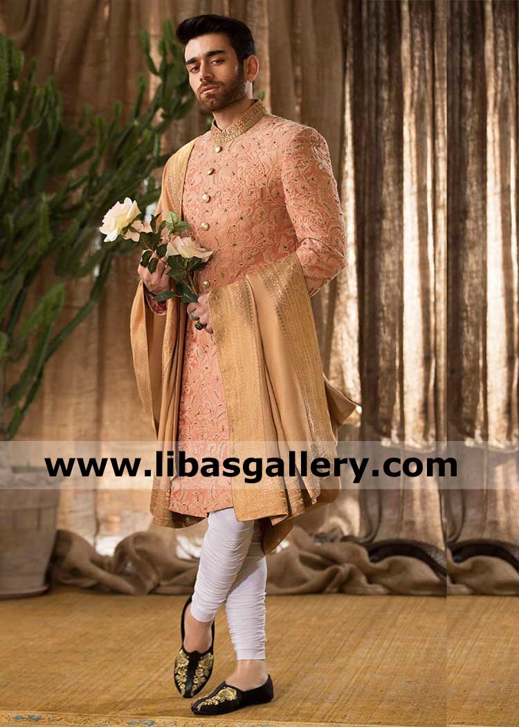 Heavy Embroidered Men Sherwani Suit with Monochrome Embroidery in Burnt Sienna Shade