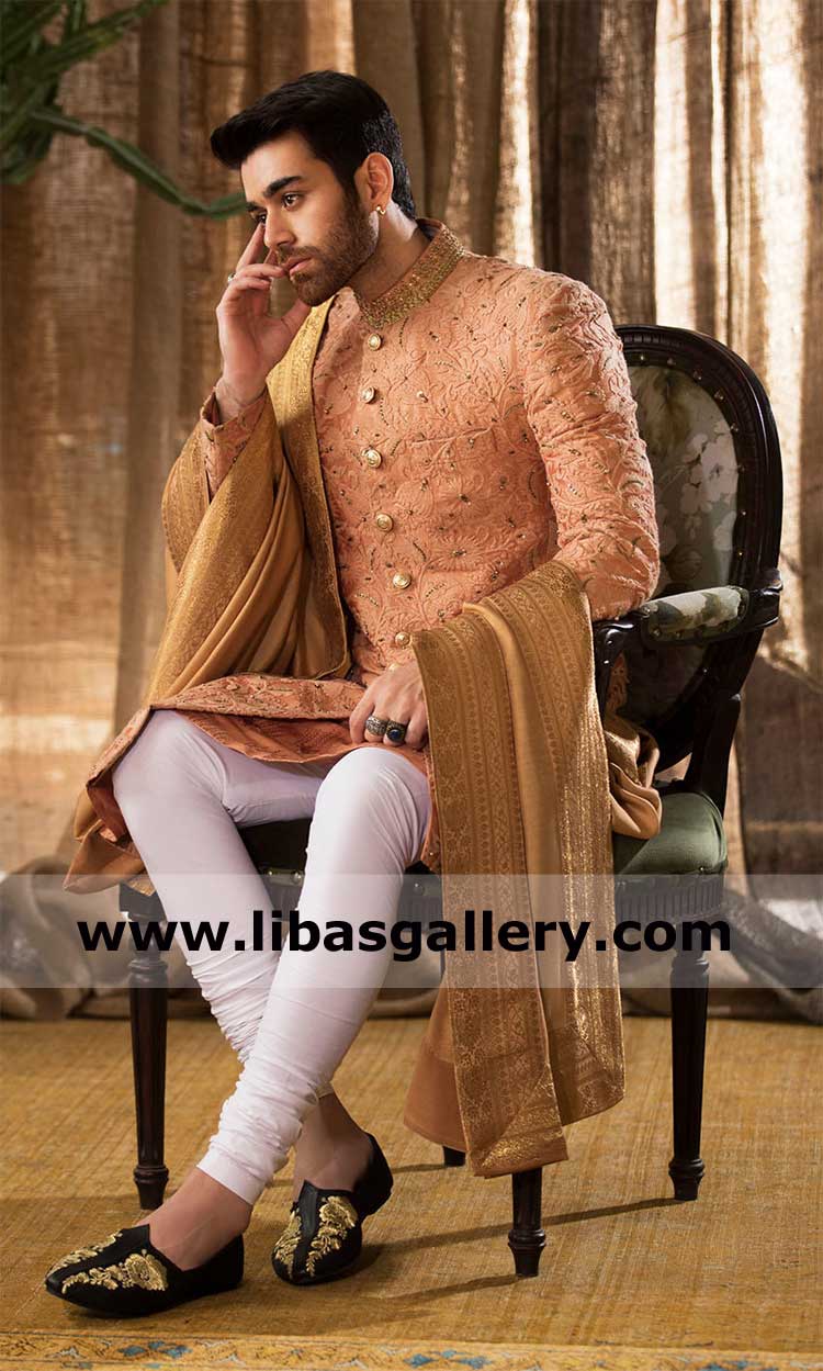 Heavy Embroidered Men Sherwani Suit with Monochrome Embroidery in Burnt Sienna Shade