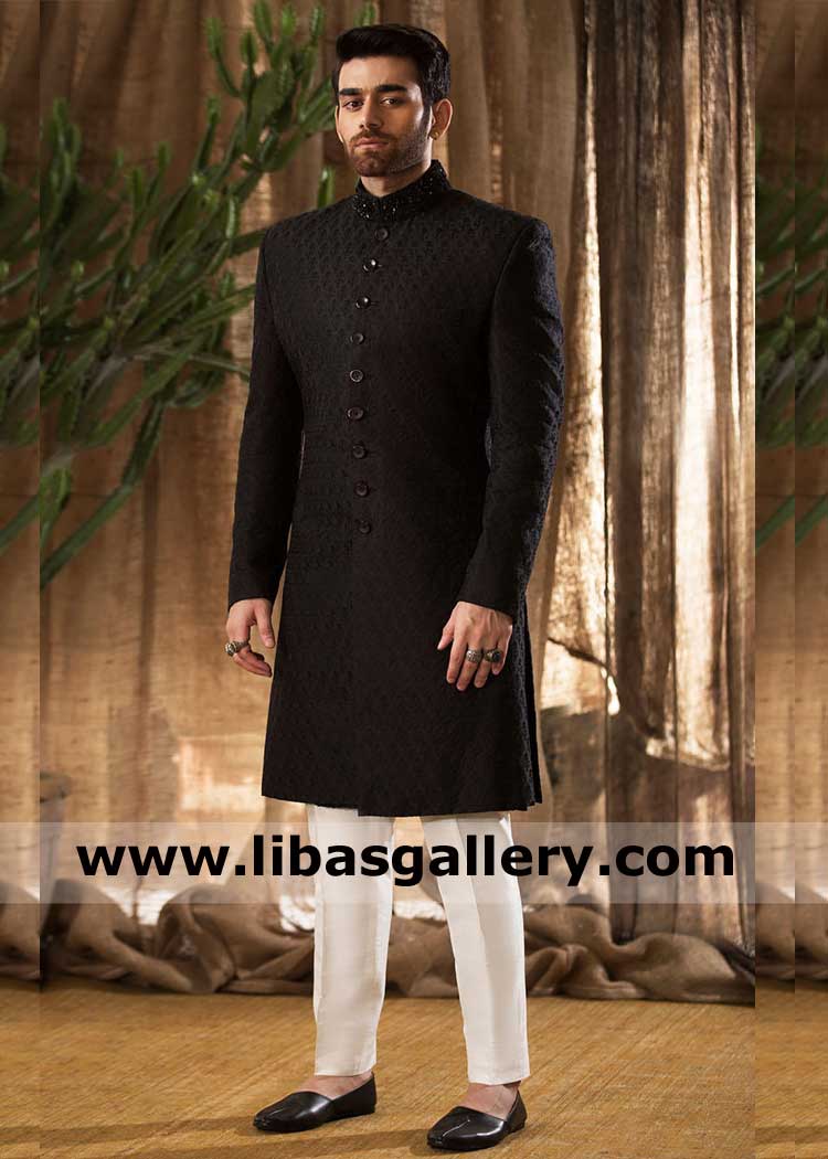 Men Black Classic Embroidered Sherwani Style with Block Design Pattern