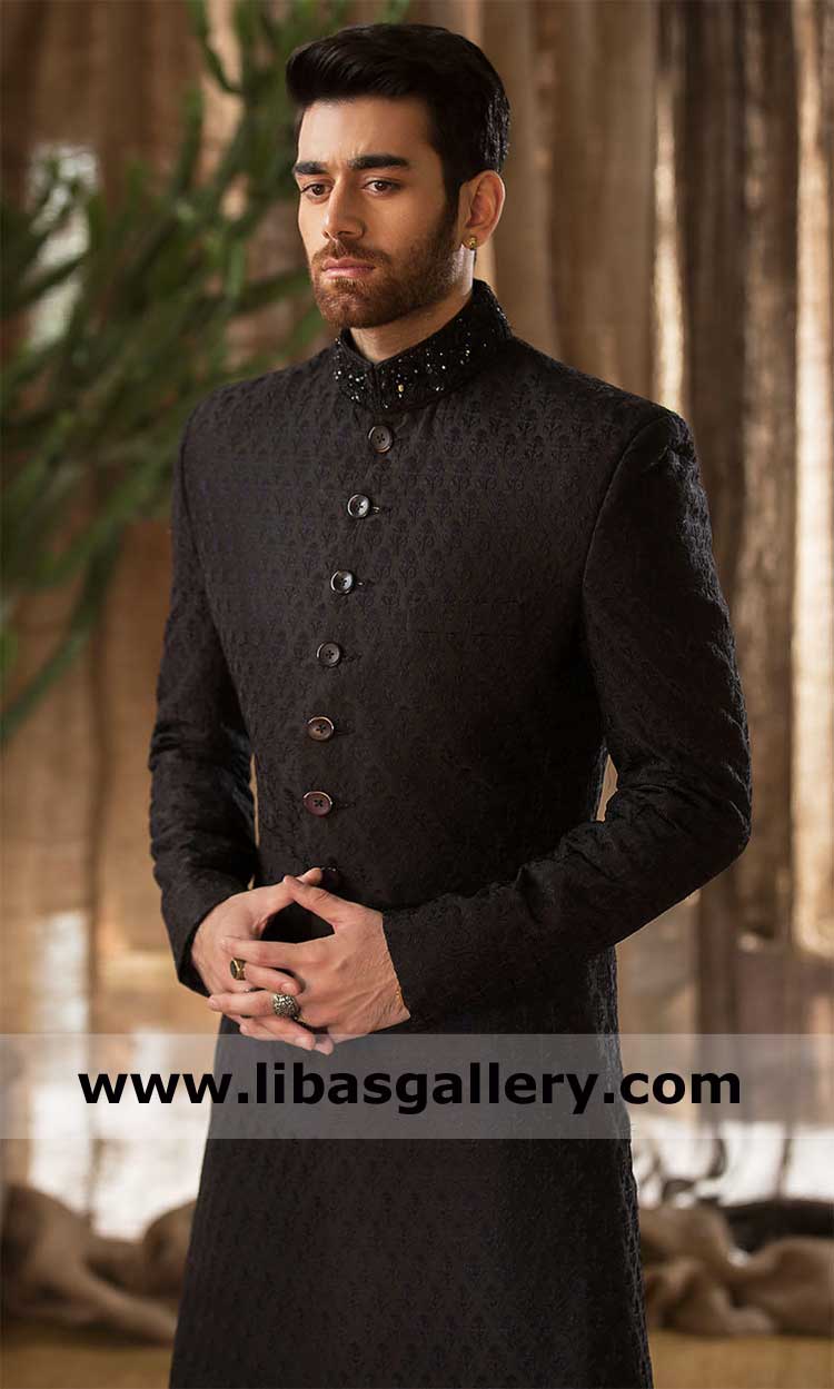 Men Black Classic Embroidered Sherwani Style with Block Design Pattern