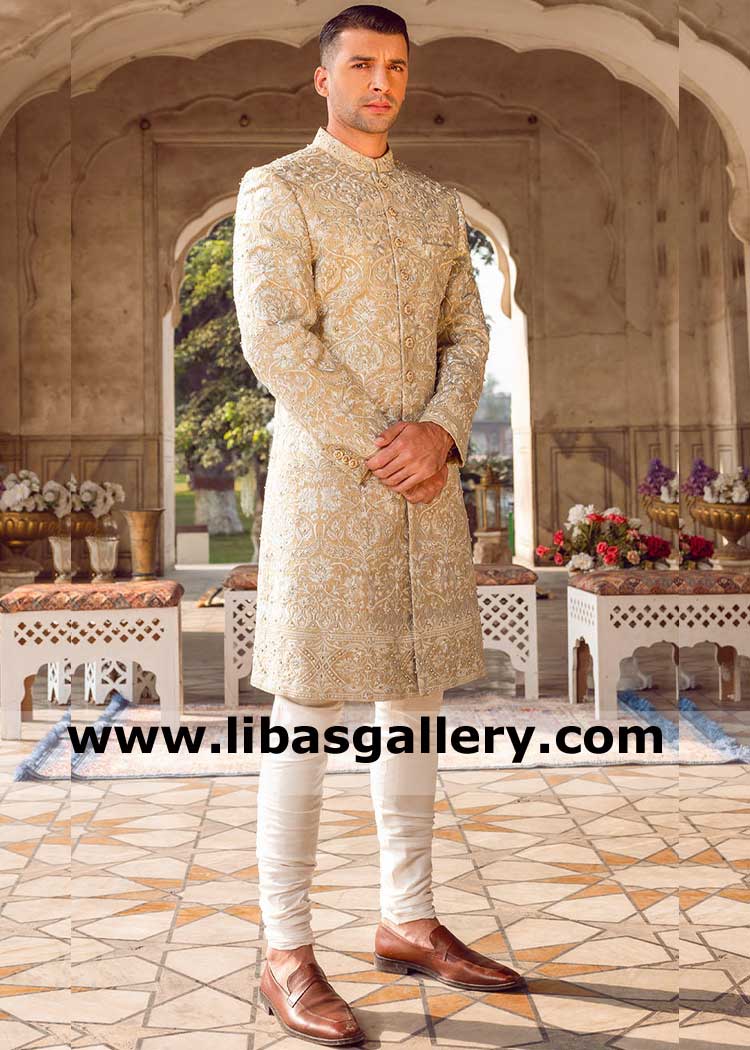 Men Sherwani Fawn Base with White thread Embroidery and Pearl Detail