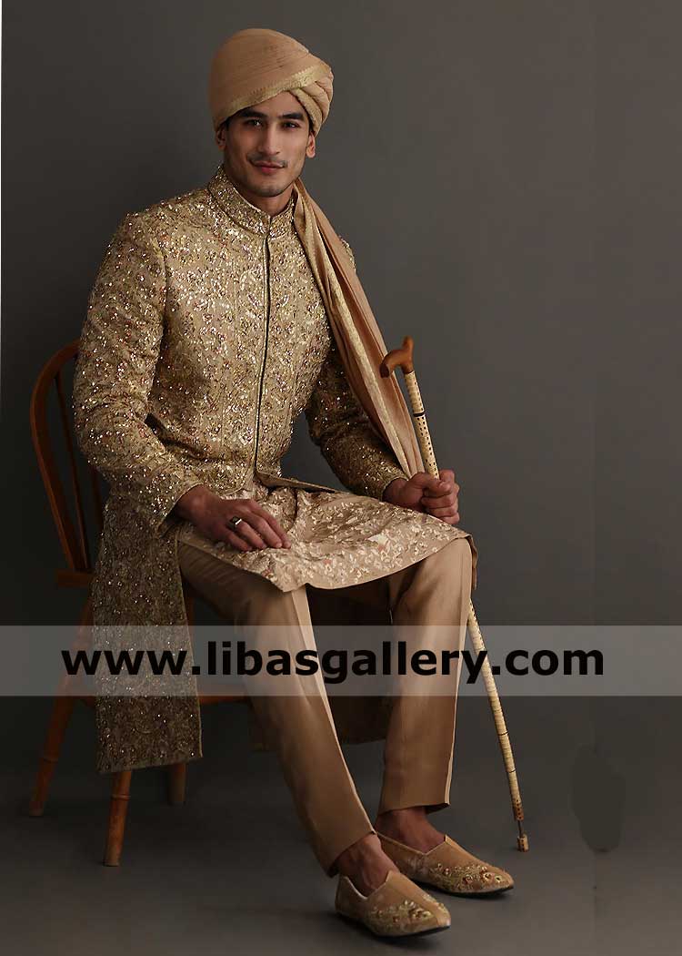 Men Sherwani Fawn Base with White thread Embroidery and Pearl Detail