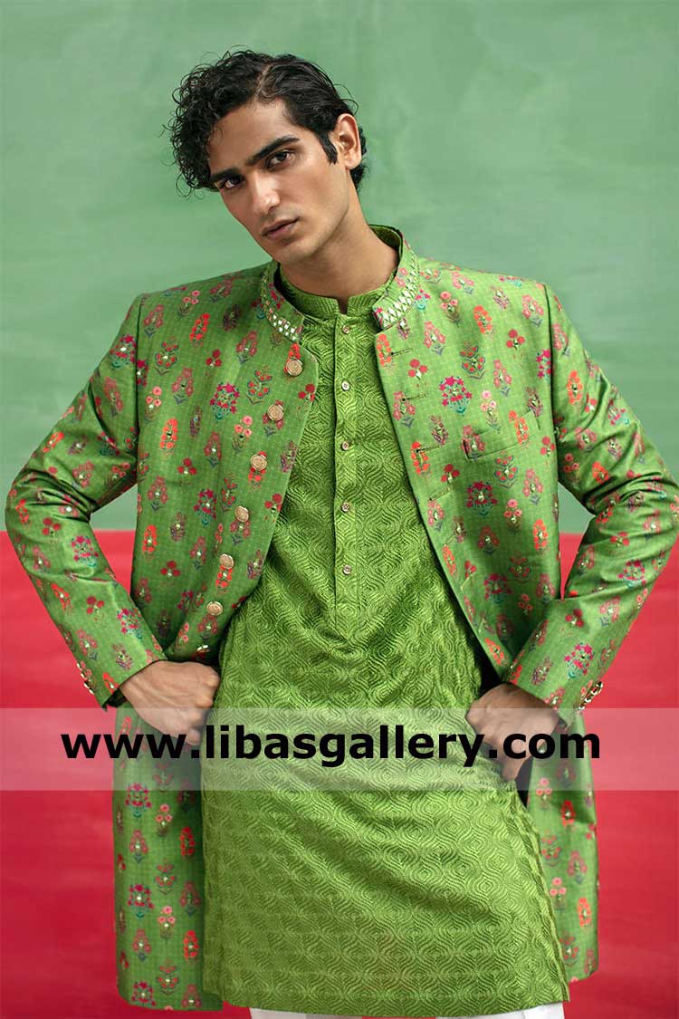 Green Open Style Men Sherwani with Mirror Detail Work