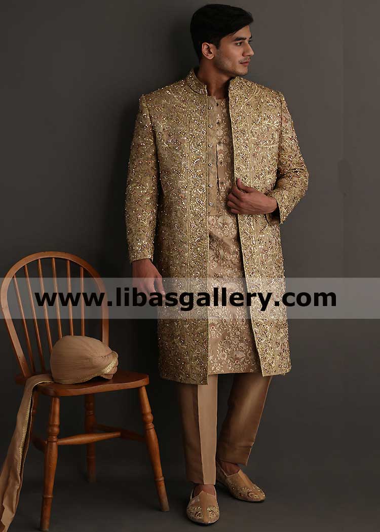 Regal and Glitzy Gold Embellished Men Wedding Sherwani Suit