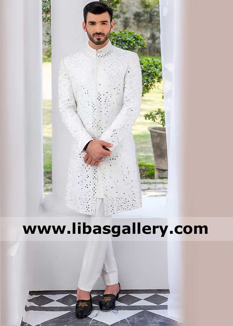 Men Open Style White Embroidered Wedding Sherwani Mirror Work Detail