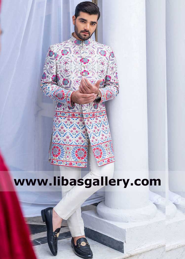 Men Short length Occasion sherwani Soft Pastels with Pops of Colors