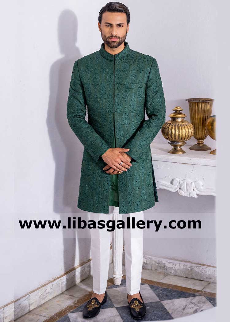 Emerald Green Short length Men Embellished Wedding Sherwani