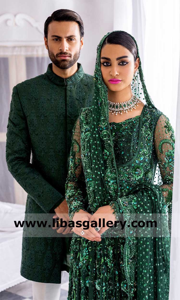 Emerald Green Short length Men Embellished Wedding Sherwani
