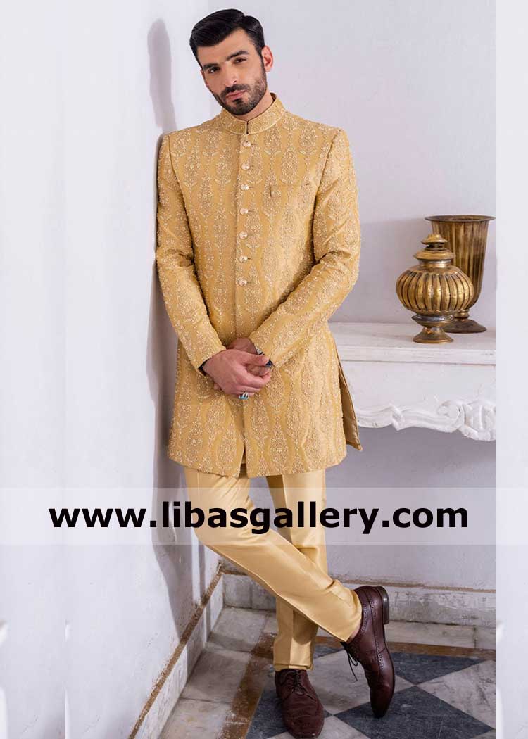 Exquisite Short length Men Gold and Beige Wedding Sherwani
