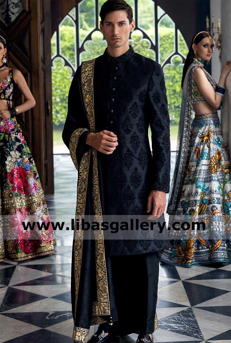 Black Wedding Sherwani with Embroidered motifs with hand embellished detail by kora beads crystal paired with black gold embroidered shawl Perth London California Dubai