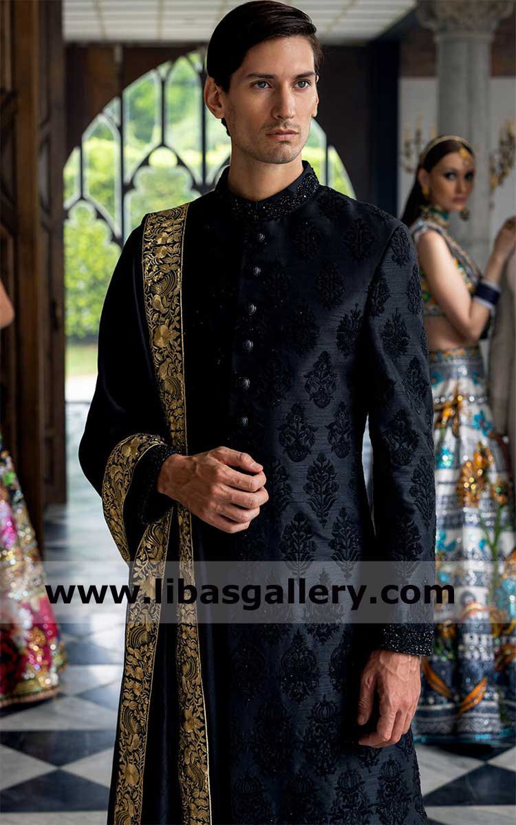Timeless worthful Black Embroidered Motifs Men Wedding Sherwani