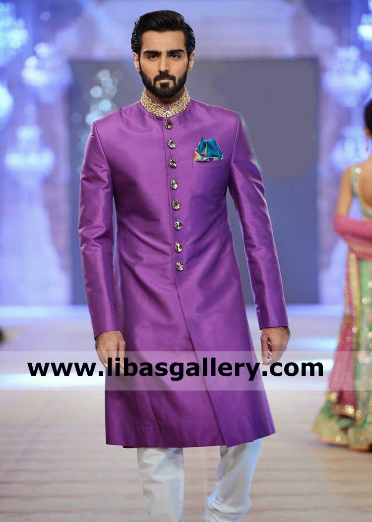 Royal Purple Raw Silk Embellished Men Wedding Sherwani