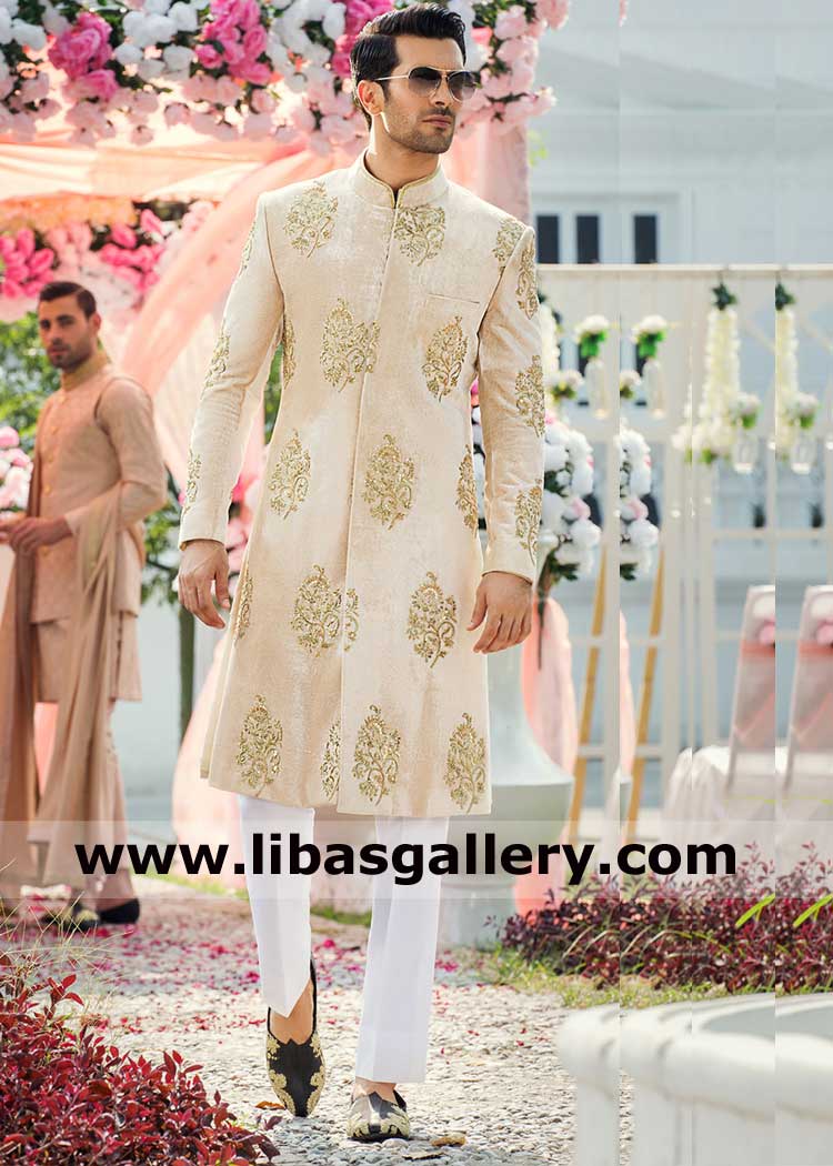 Men Velvet Sherwani Creamy beige shade with Gold hand embellished embroidered motifs Kora dabka crystal stones paired with inner suit Qatar Saudi Arabia Malaysia
