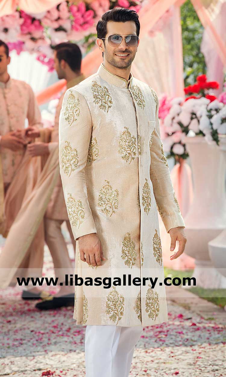 Creamy Beige Base Embellished Motifs Men Velvet Wedding Sherwani