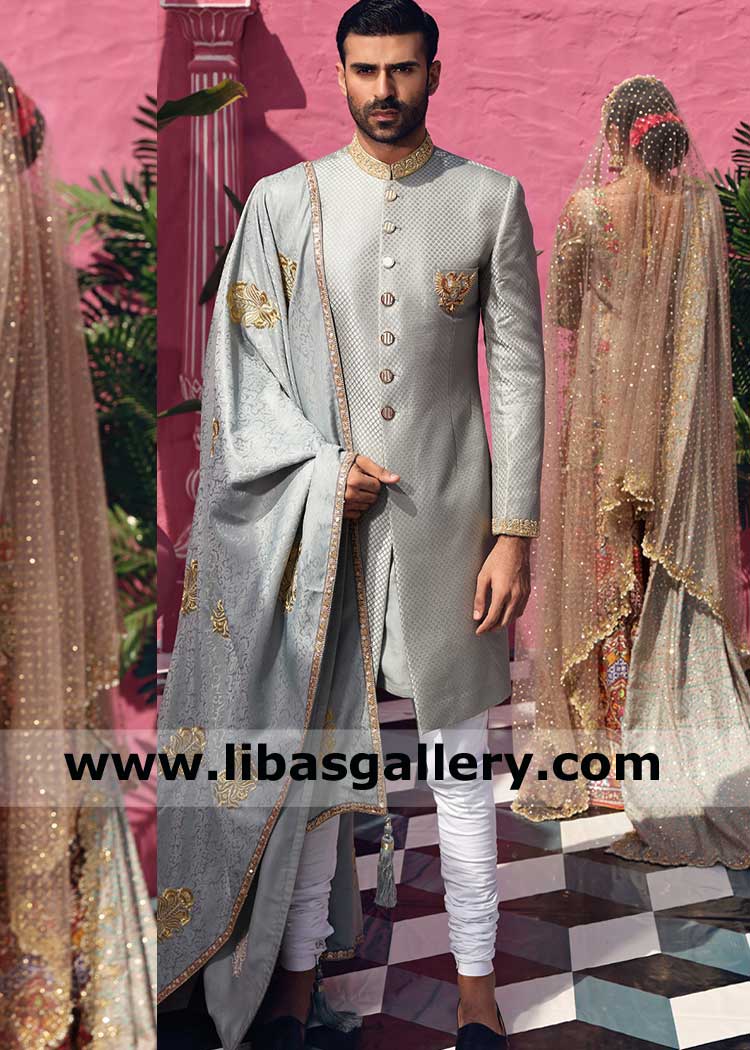 Unique Silver Self Embossed Base gold handcrafted collar Men Sherwani