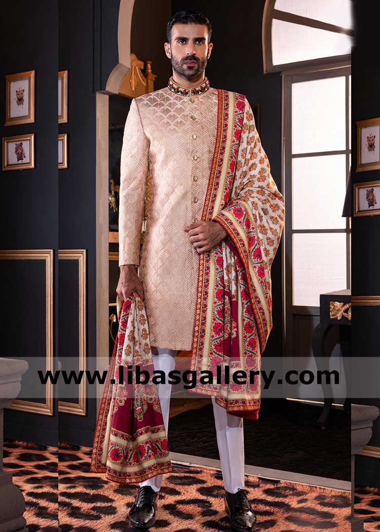 Rose Gold Self Embroidered Men Wedding Sherwani with distinct Colored Stones hand worked collar