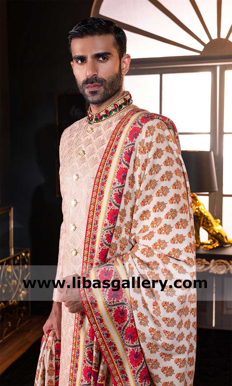 Rose Gold Self Embroidered Men Wedding Sherwani with distinct Colored Stones hand worked collar