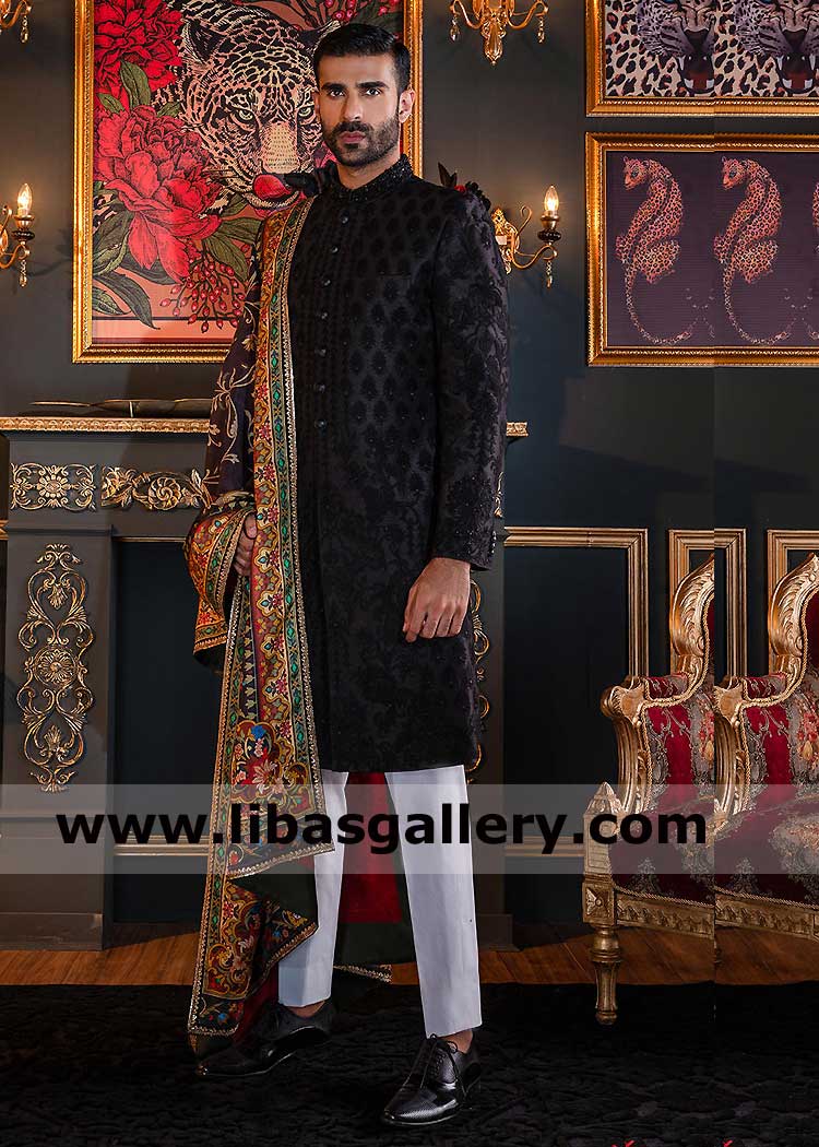 Black Wedding sherwani with black intricate Embroidery for Men