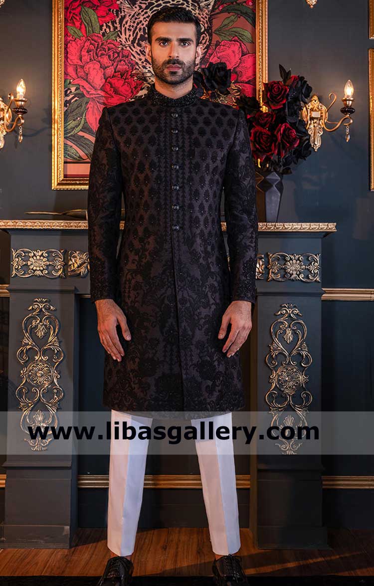 Black Wedding sherwani with black intricate Embroidery for Men