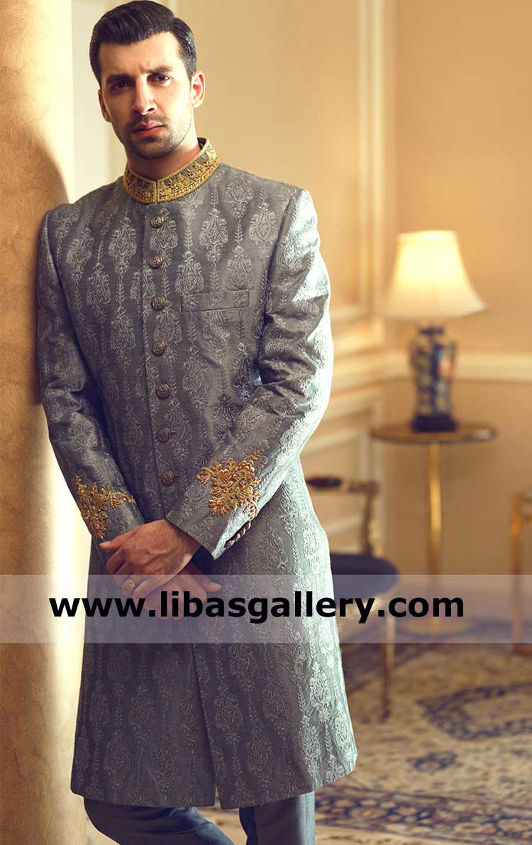 High Status Men in Gray Embroidered Sherwani with Gold Embellishment