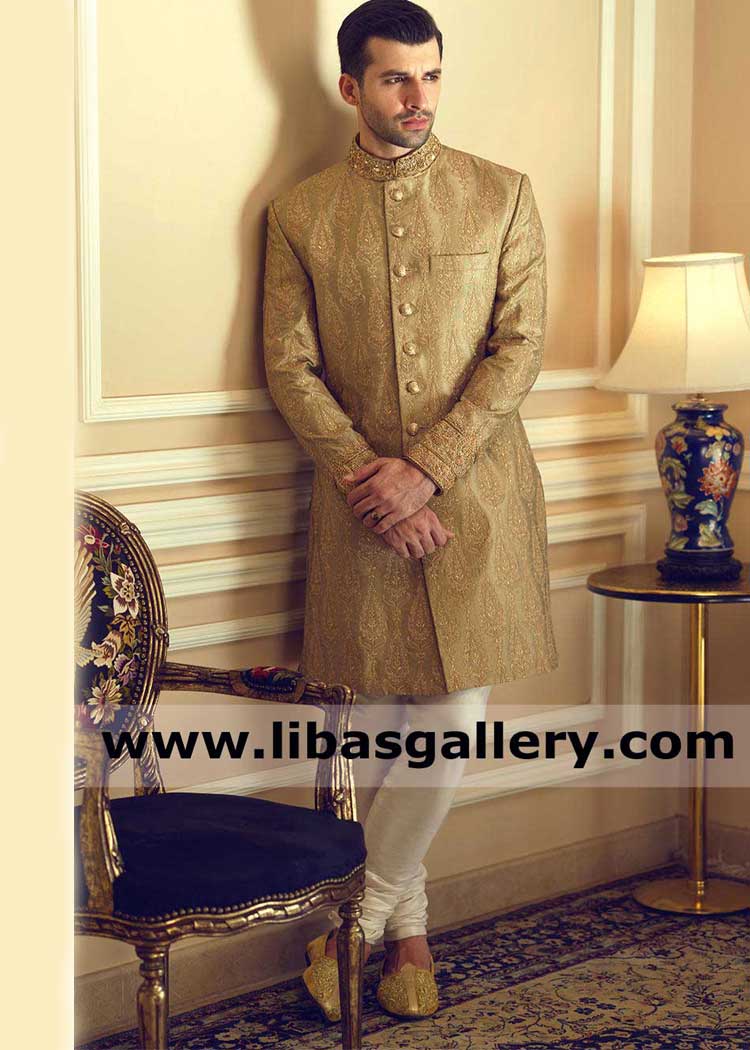 Unique Embroidered Gold Wedding Sherwani Suit for Men