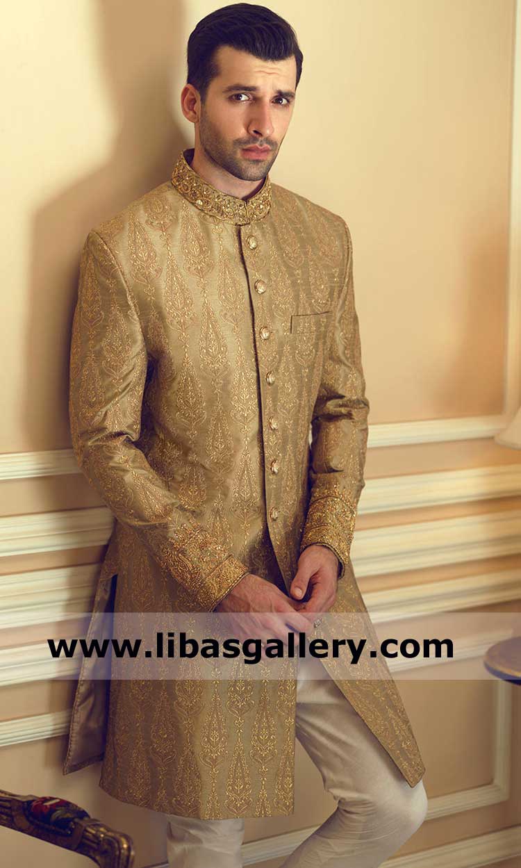 Unique Embroidered Gold Wedding Sherwani Suit for Men