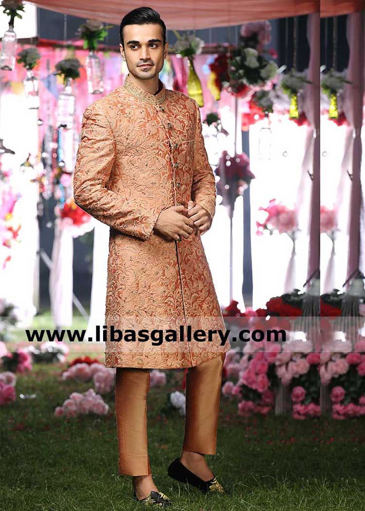 Sachal Afzal in Men Heavy Embroidered latest Style Wedding Sherwani Burnt Sienna Shade with Gold hand embellished Collar and inner Adelaide Perth Sydney Australia, 