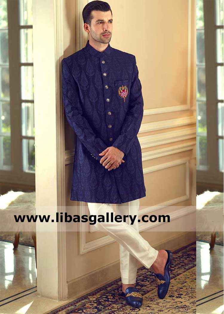 Men Vibrant blue self embroidered short length Style Occasion sherwani