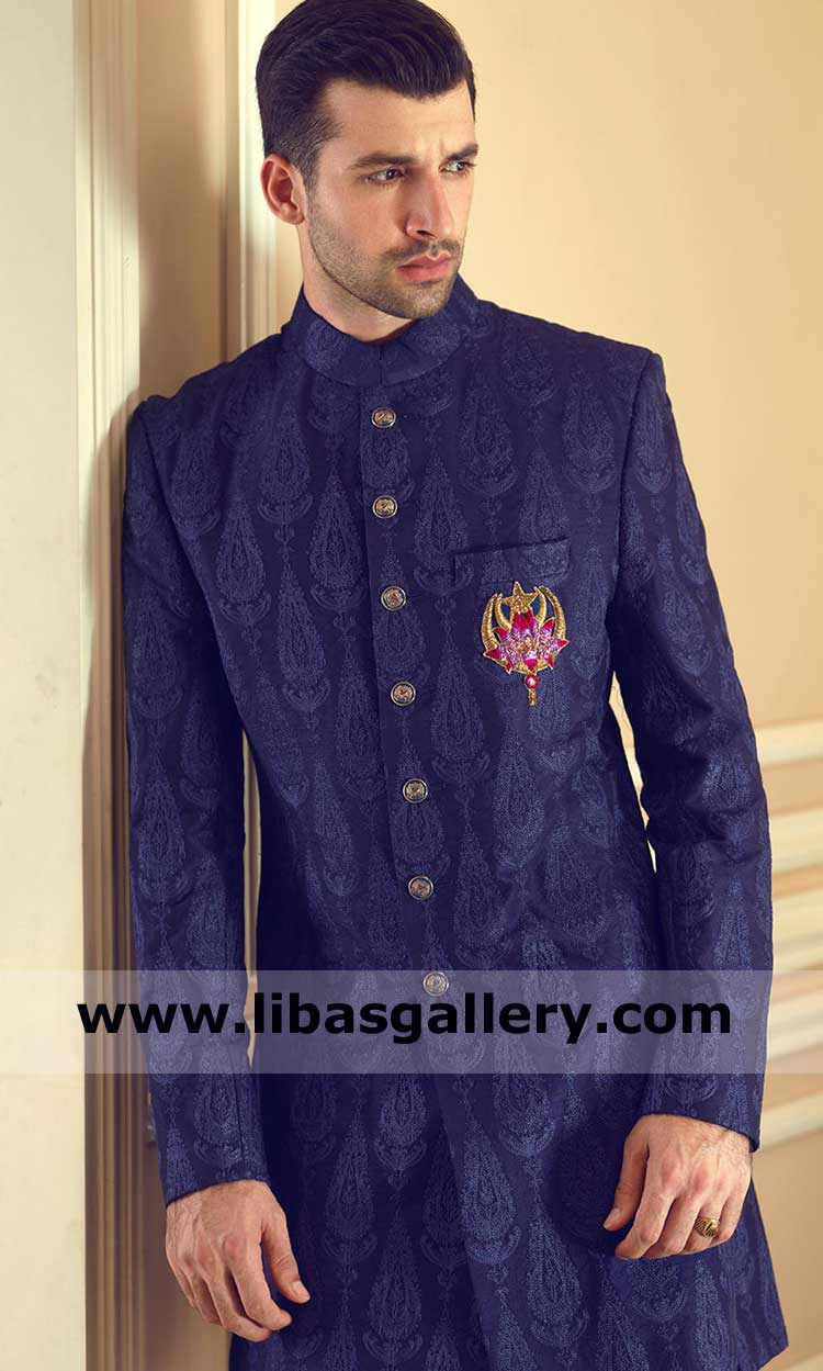 Men Vibrant blue self embroidered short length Style Occasion sherwani