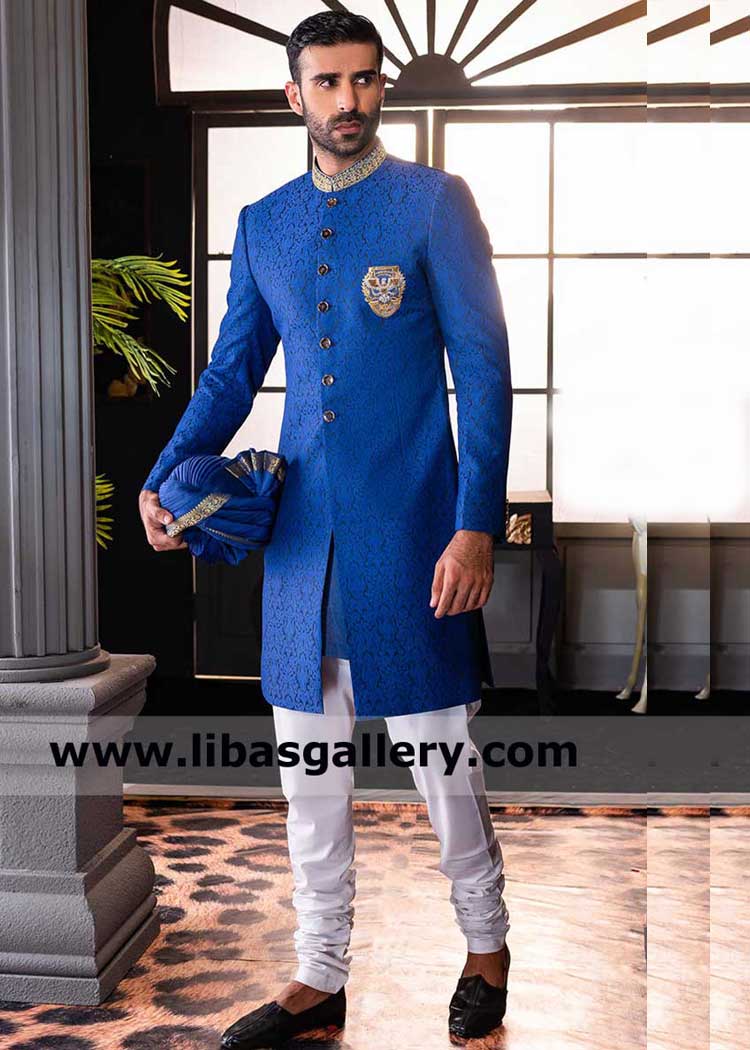 Blue Jamawar Gold hand embellished Collar Men Nikah Sherwani Style