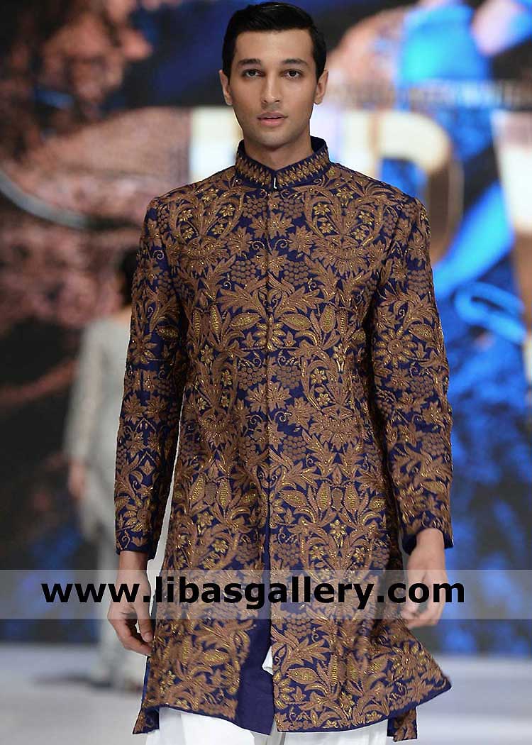 Amazing Dark Blue Heavy Embroidered Men Nikah Barat Sherwani Suit