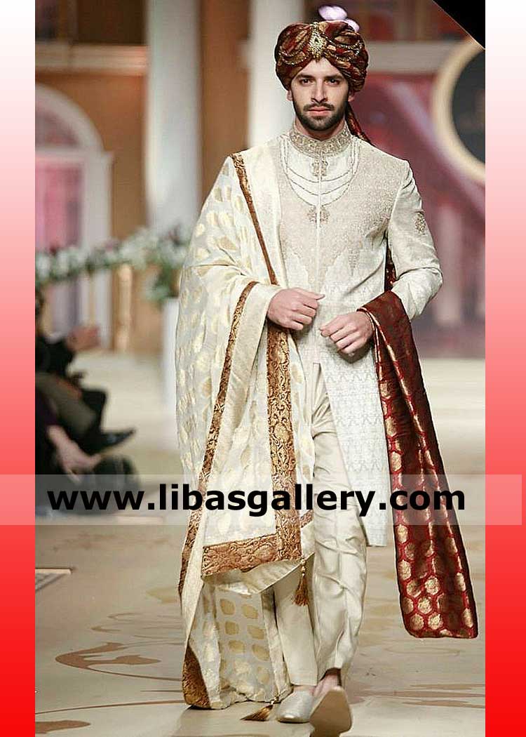 Off White Embroidered Groom Wedding Sherwani suit