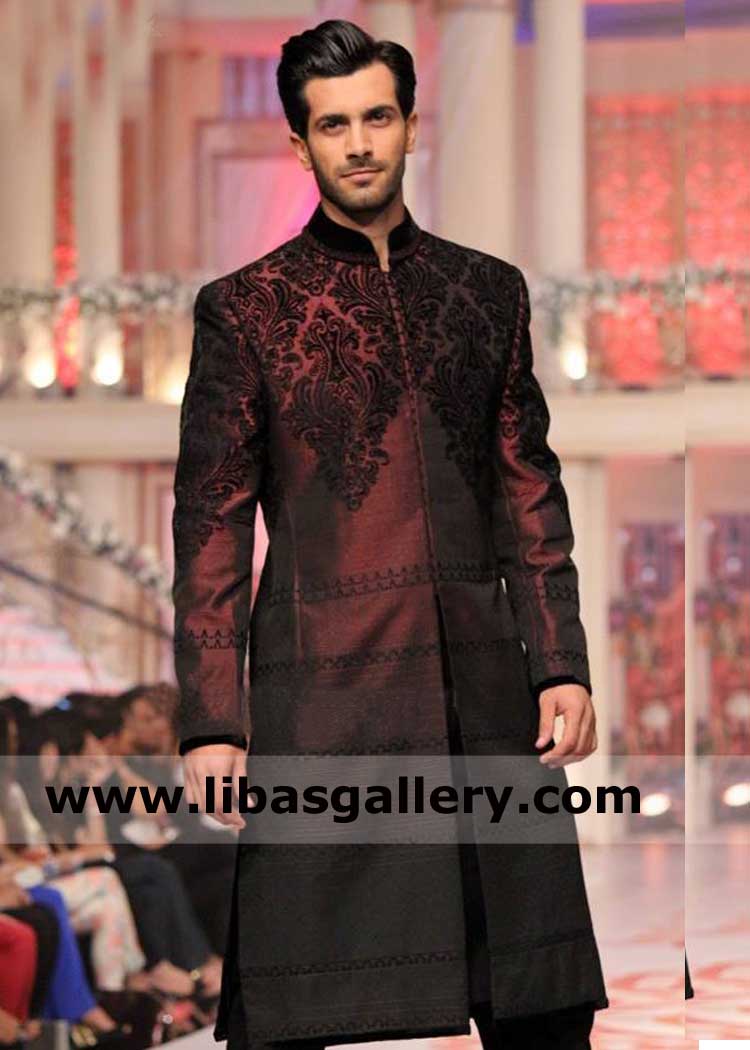 Maroon Men Wedding Sherwani Style with dark maroon Embroidery