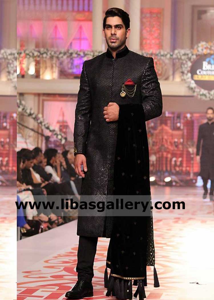 Black Embroidered Men Sherwani Style with Velvet Collar