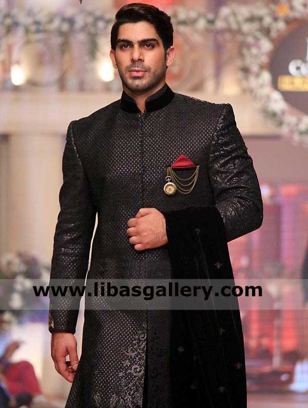Black Embroidered Men Sherwani Style with Velvet Collar