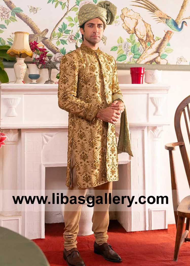 Beige Antique Gold Groom Nikah Barat Sherwani Style