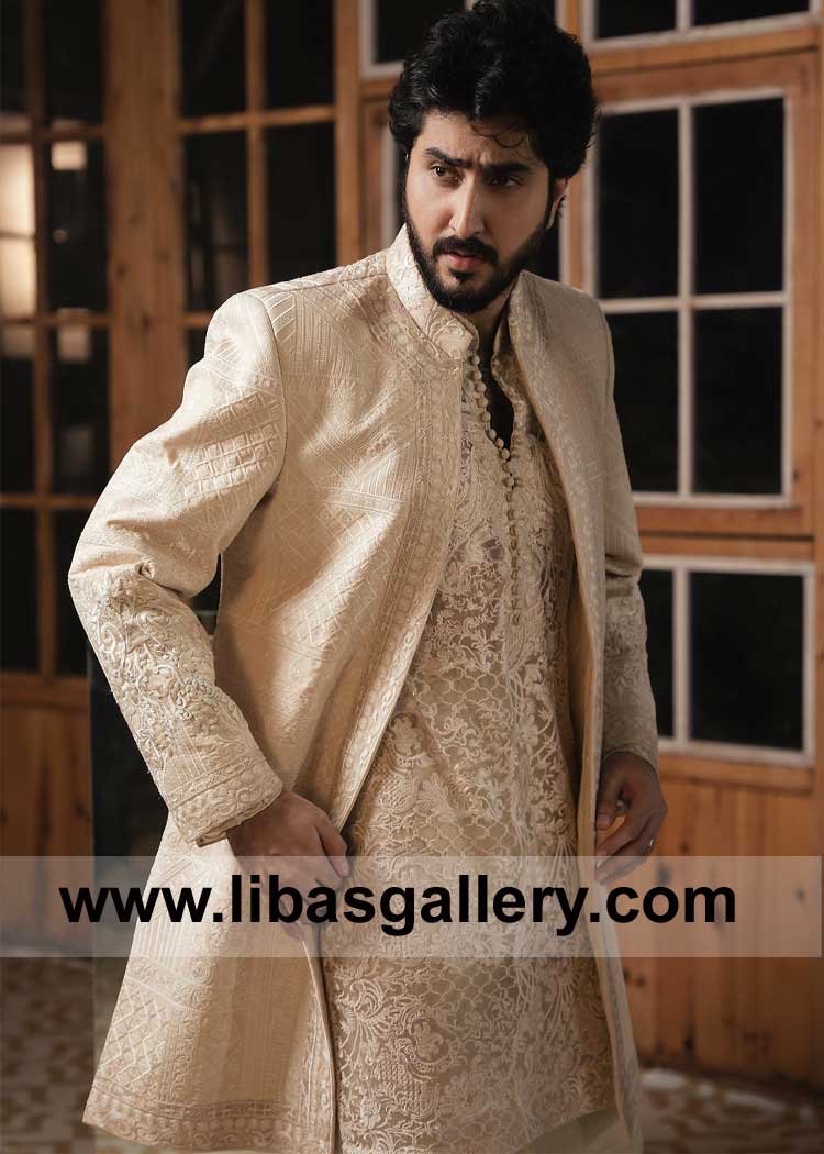 Ivory Open Style Heavy Embroidered Wedding Jacket for Groom