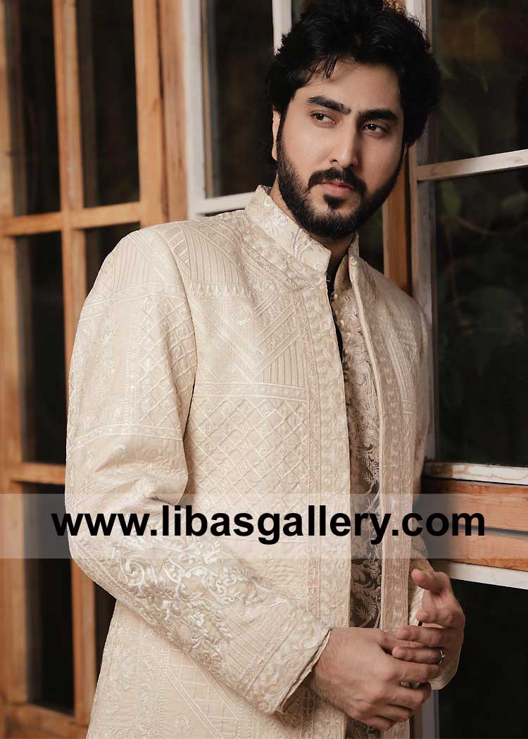 Ivory Open Style Heavy Embroidered Wedding Jacket for Groom